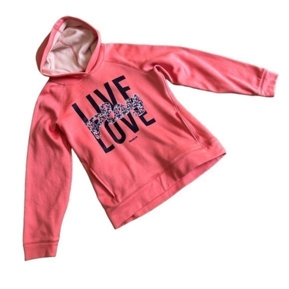 REEBOK HOODIE LIGHT SLEECE “LIVE PLAY LOVE” PINK CORAL, SIZE L - Picture 1 of 7